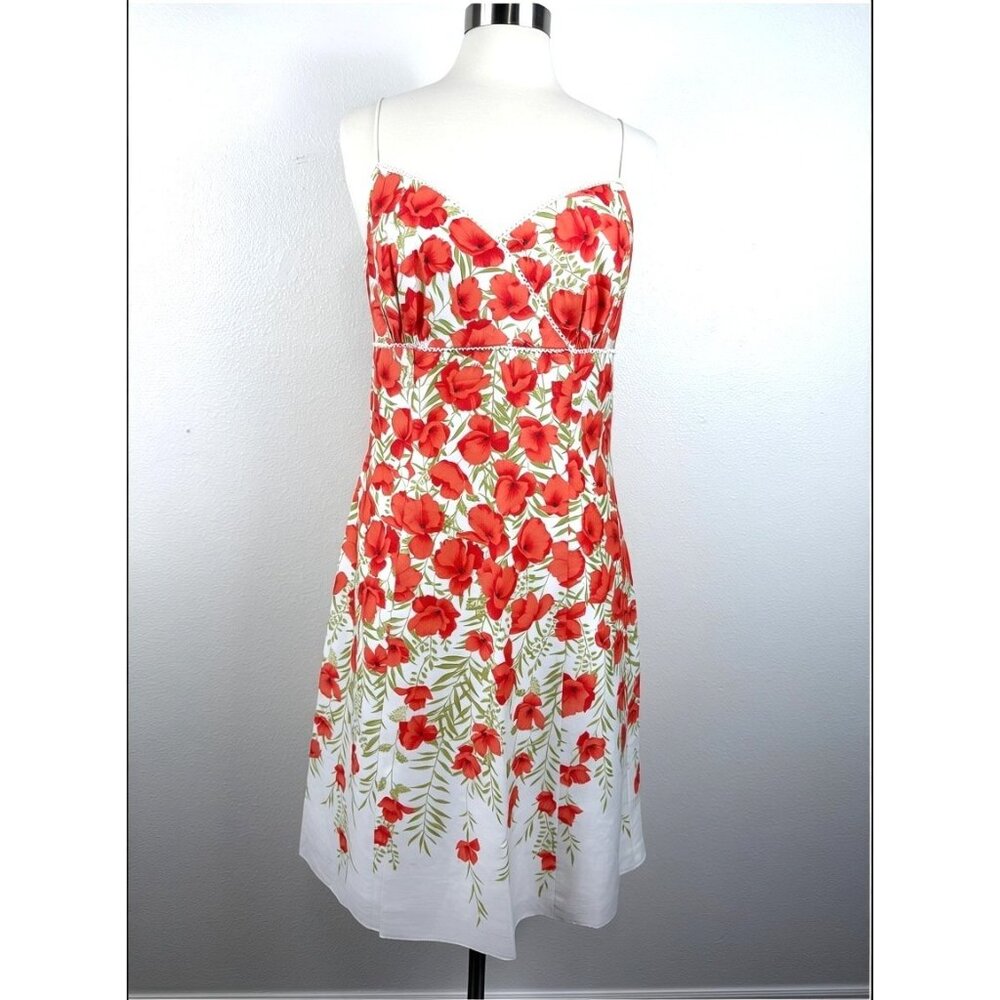 NWT Ann Taylor Coral-Red Poppy Floral Cotton  Summer Midi Dress  Size 10 - Picture 3 of 16